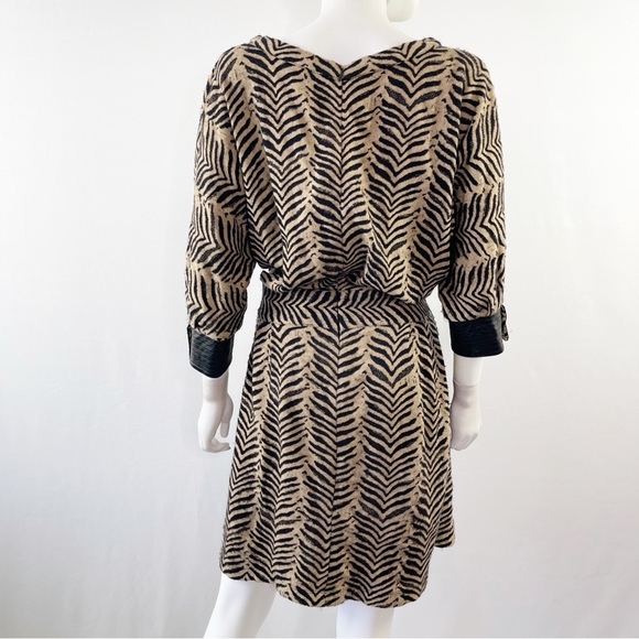 Sea New York Dress Brown Tiger Stripes 3/4 with Leather Trim and Belt Size 10 - Picture 8 of 11